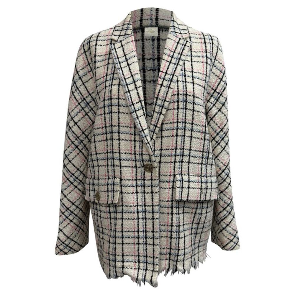 Maje Tweed Plaid Blazer in White Cotton